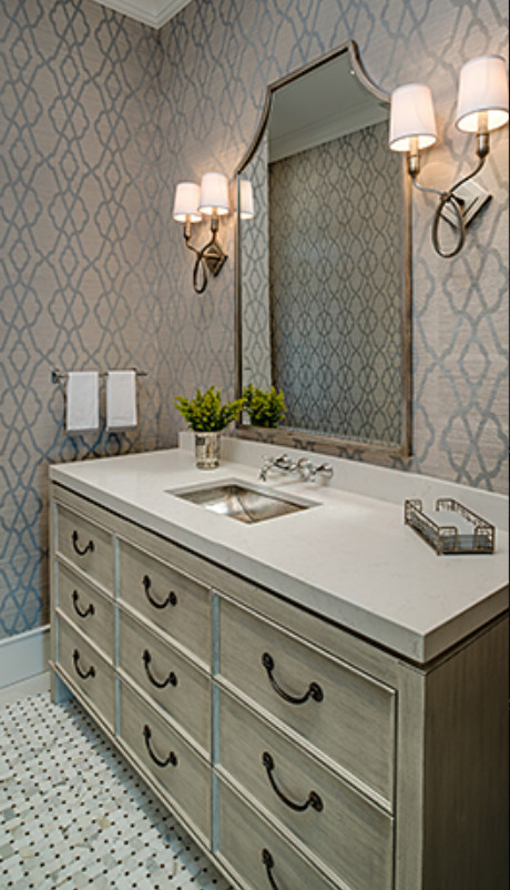 Freestanding bathtub - large transitional master freestanding bathtub idea with recessed-panel cabinets, distressed cabinets, multicolored walls and an undermount sink