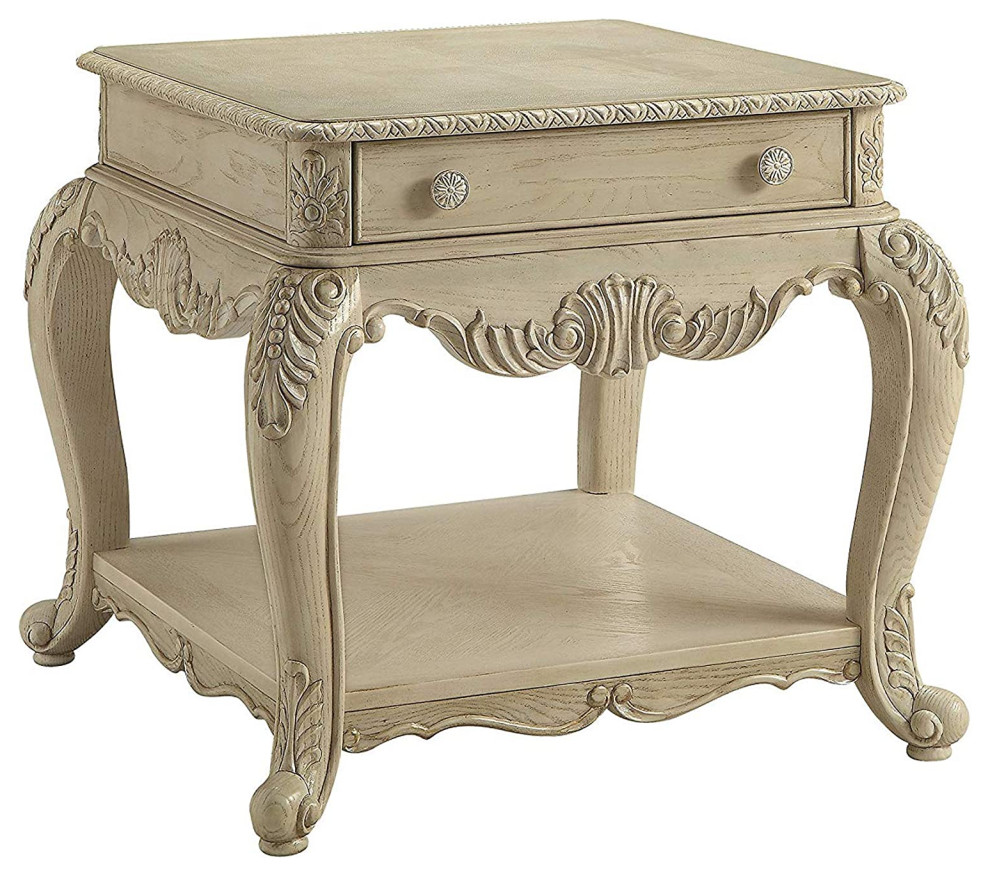 Wooden End Table With One Drawer And Bottom Shelf, Antique White