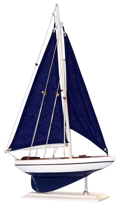 Pacific Sailer, Wood Sailing Boat Model, Blue Sails, 17", Blue