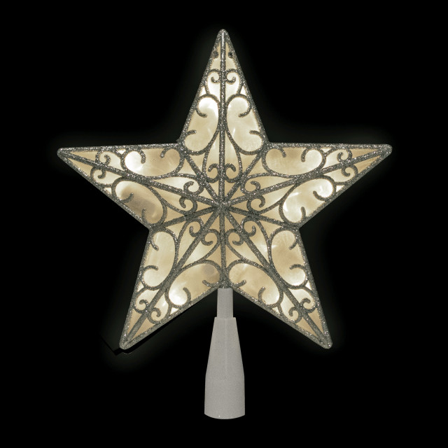 9" LED Lighted Silver Glitter Star Christmas Tree Topper Warm White ...
