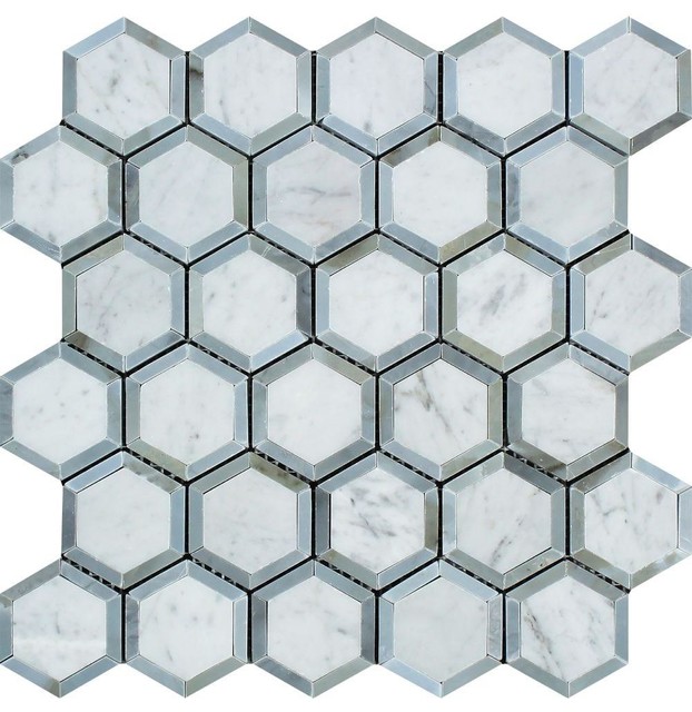 12"x12" Polished Ferrari Marble Vortex Hexagon Mosaic, Blue-Gray, Set of 50
