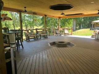 Covered deck with outdoor kitchen, fire pit projector and entertainment area