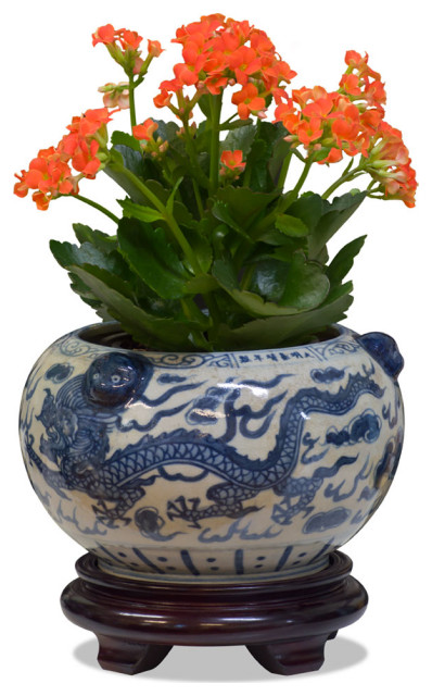 Blue and White Porcelain Double Dragon Asian Planter