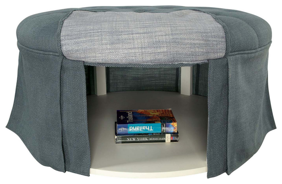 Skirted Round Fabric Upholstered Wooden Ottoman With Tufted Seat, Blue