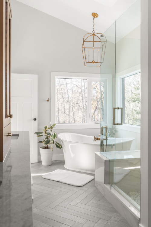 White Bathroom Design Featuring Light Ceramic Herringbone Floor Tiles