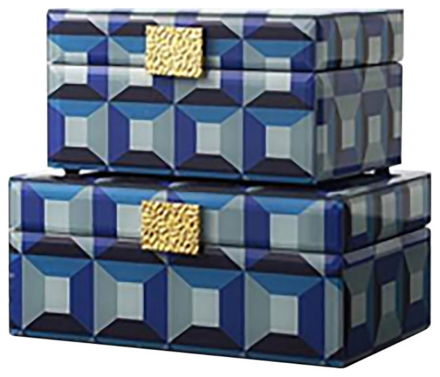 Wood 2Piece Set Checkered Boxes, Blue/Gold Contemporary Decorative Boxes by Sagebrook