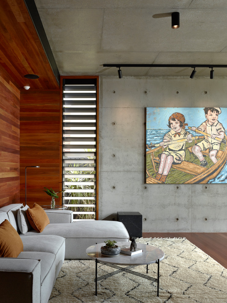 Contemporary open concept living room in Brisbane with grey walls, dark hardwood floors, brown floor and wood walls.