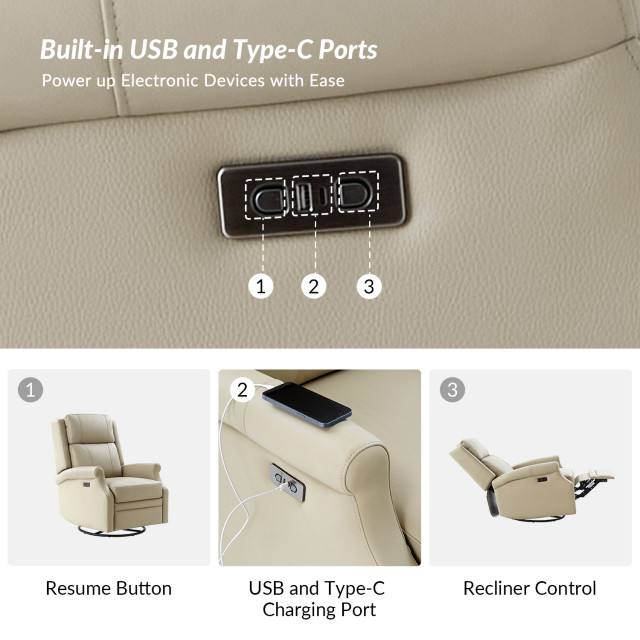 Genuine Leather Swivel Rocker Power Recliner With USB and Type-C ...