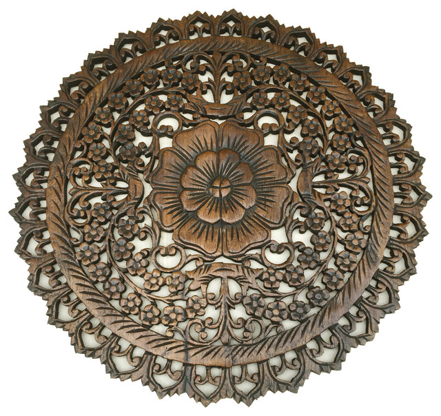 Oriental Round Carved Wood Wall Art Decor Asian Wall Accents by