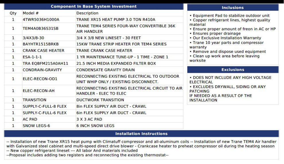 Advice on Trane XR15 Heat Pump/Air Handler Quote - $7900