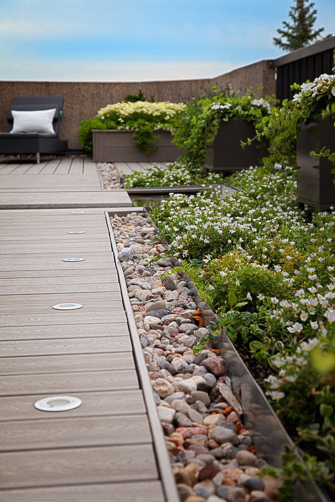 Photo of a mid-sized contemporary rooftop deck in Montreal with a container garden.