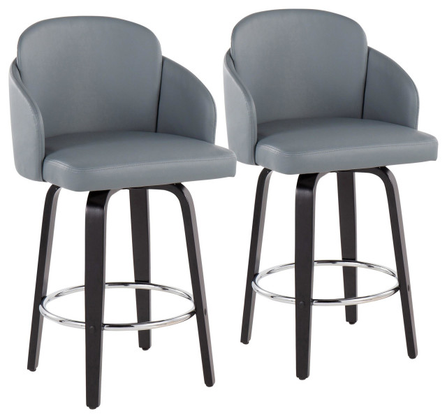 Dahlia Counter Stool, Set of 2, Black Wood Midcentury Bar Stools