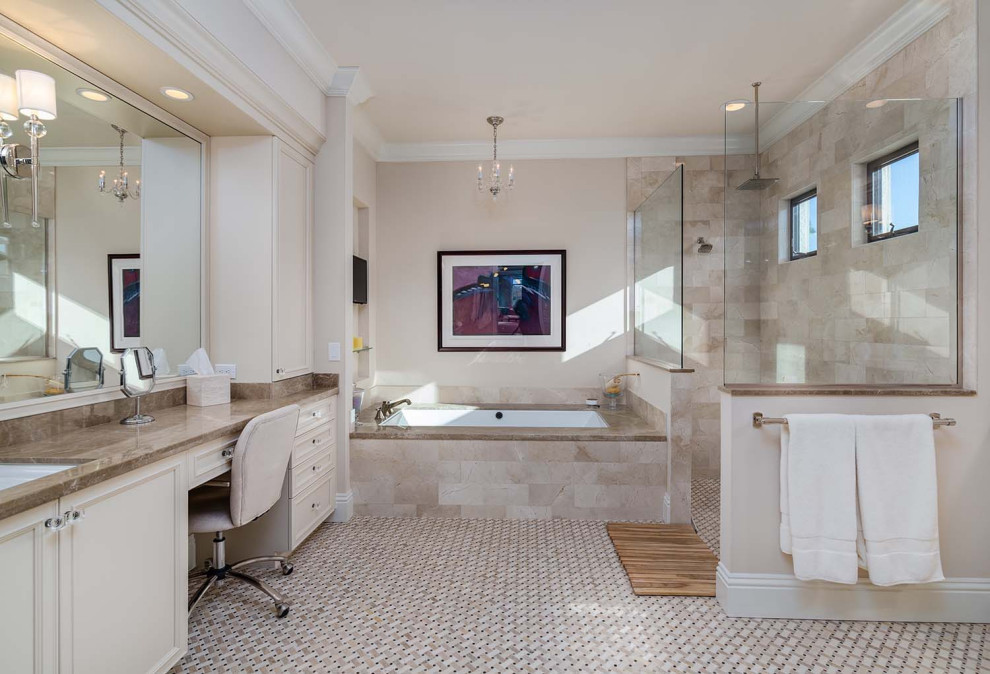 This is an example of a tropical master bathroom in Other with an alcove tub, beige tile, beige walls, beige floor, an open shower and a built-in vanity.
