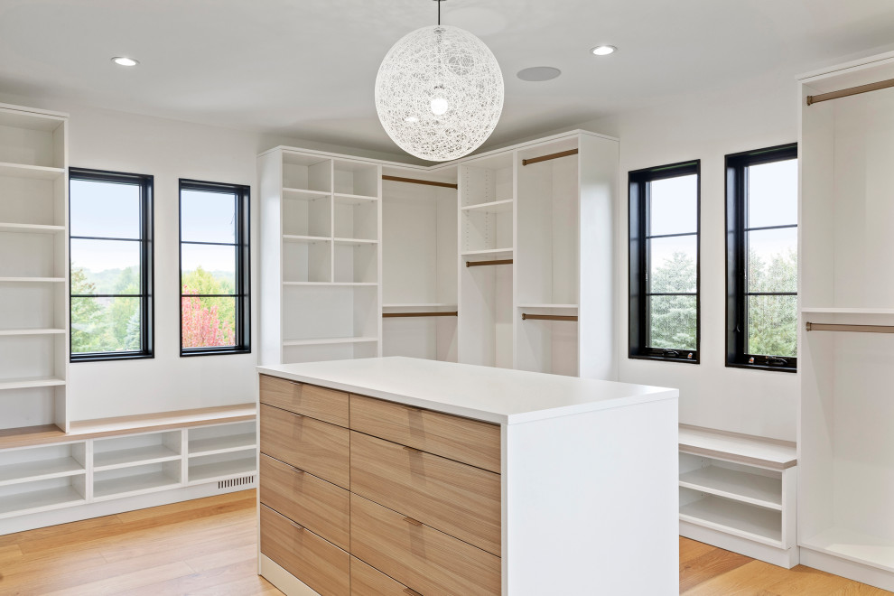 Design ideas for an expansive contemporary gender-neutral walk-in wardrobe in Minneapolis with flat-panel cabinets, white cabinets, light hardwood floors and brown floor.