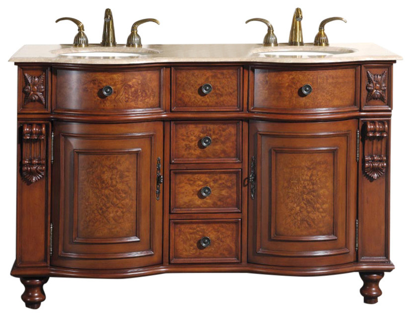 55 Inch Small Double Sink Bathroom Vanity, Travertine Top, Traditional
