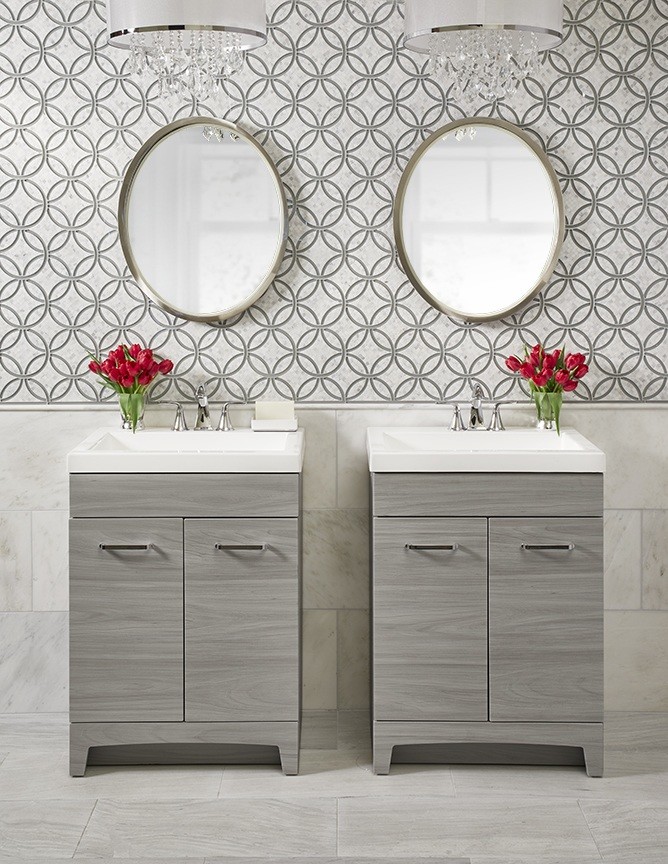 Inspiration for a mid-sized contemporary master bathroom in Other with flat-panel cabinets, grey cabinets, multi-coloured tile, mosaic tile, multi-coloured walls, limestone floors, an integrated sink, engineered quartz benchtops and beige floor.