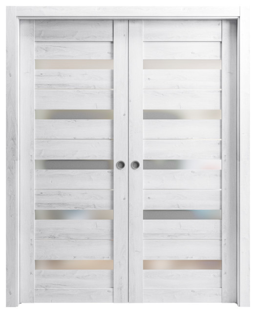 Sliding Double Pocket Doors 72 x 96, Quadro 4445 Nordic White & Frosted Glass