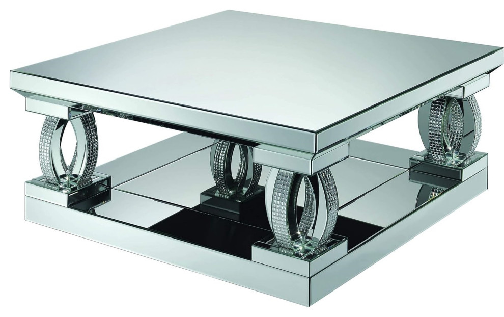 Elegant Square Coffee Table with Clear Mirror, Silver Accents, and ...
