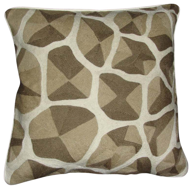 Crewel Pillow Chain Stitched Giraffe Brown on White Cotton 20x20 Inches