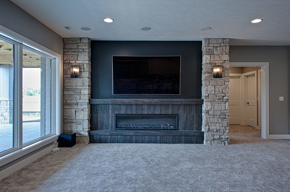 Mid-sized transitional open concept carpeted home design photo with a media wall