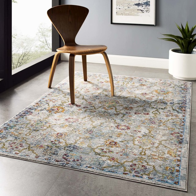 Modern Living Area Rug, Distressed Vintage Style, MultiColor