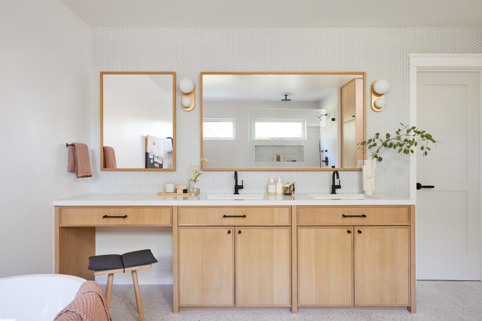 Inspiration for a large scandinavian master white tile and glass tile terrazzo floor, gray floor and double-sink bathroom remodel in San Francisco with shaker cabinets, light wood cabinets, a bidet, white walls, an undermount sink, quartz countertops, white countertops, a niche and a built-in vanity