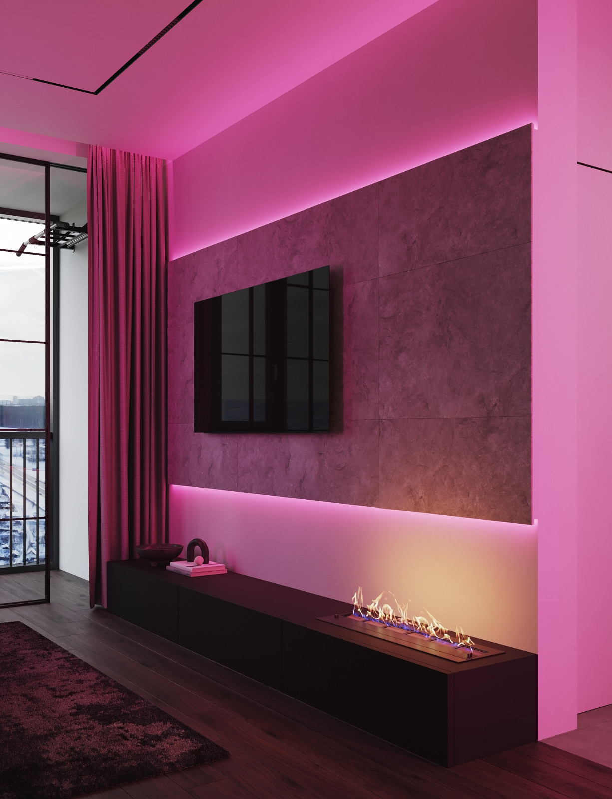 Однокомнатная квартира в стиле минимализма с элементами Азии и киберпанк