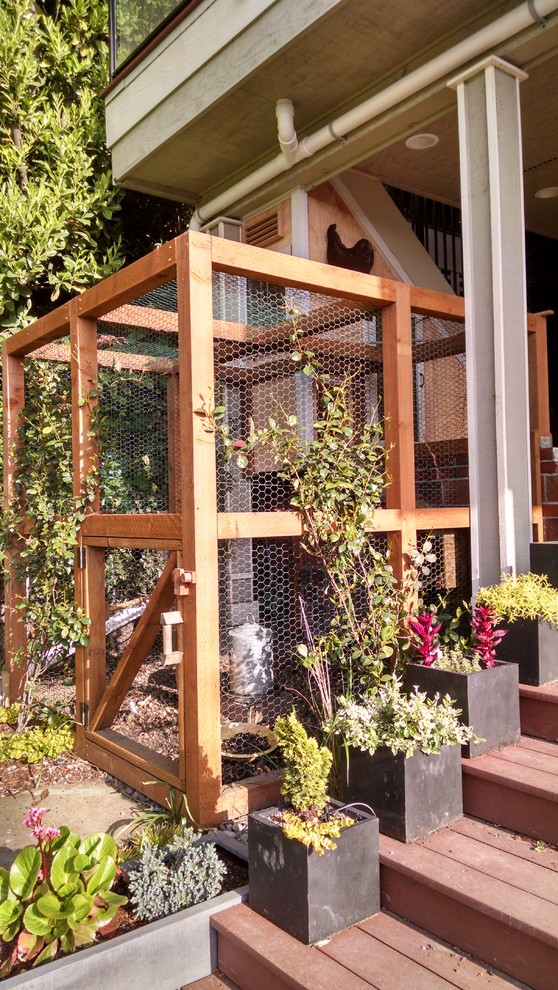 This is an example of a small eclectic partial sun and drought-tolerant backyard vegetable garden landscape in Seattle with decking for summer.