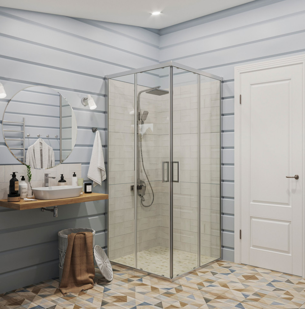 Idéer för ett litet lantligt badrum med dusch, med våtrum, mosaikgolv, träbänkskiva och dusch med gångjärnsdörr