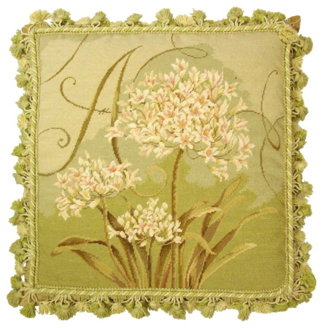 Cushion Cover with Tassels 14” X 14” Wool Needlepoint Yellow Floral Pillow