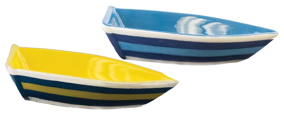 Beachcombers Boat Shaped Snack Serving Dishes Set of 2 Blue and Yellow