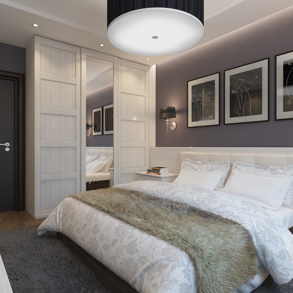 Inspiration for a transitional bedroom in Other with grey walls.