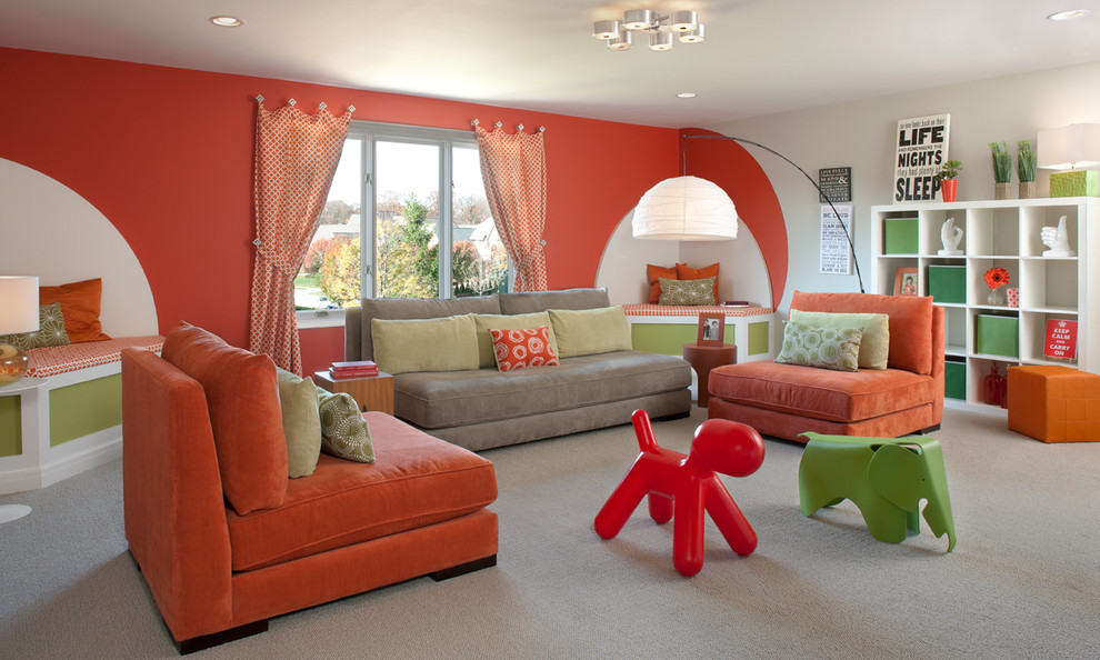 Photo of a contemporary family room in Detroit with orange walls, carpet and beige floor.