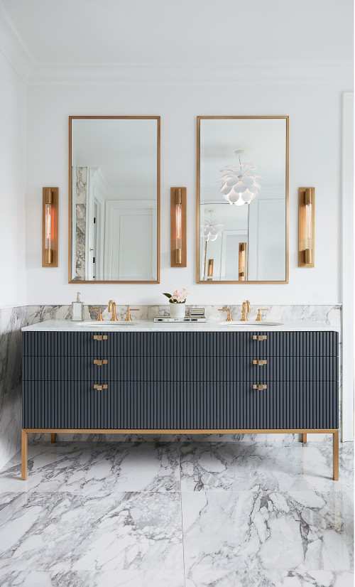 Luxurious Gray Bathroom Vanity Ideas: White Countertops and Brass Accents