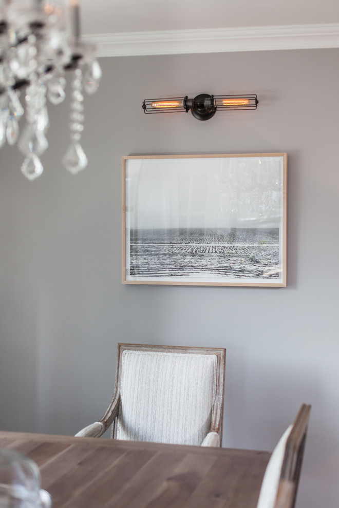 Great room - mid-sized transitional dark wood floor and brown floor great room idea with gray walls and no fireplace