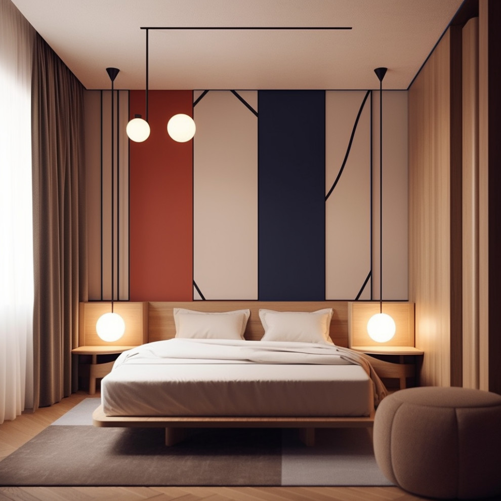 Mittelgroßes Eklektisches Gästezimmer mit beiger Wandfarbe, braunem Holzboden, beigem Boden und Holzwänden in München