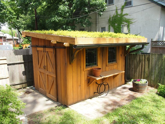 green roof on shed. by landscape architect joy kuebler