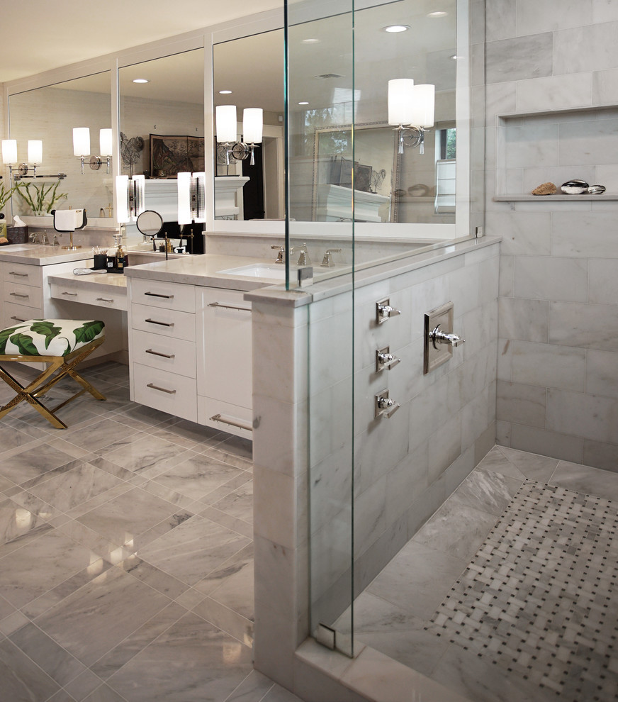 Large transitional master bathroom in Phoenix with flat-panel cabinets, white cabinets, a freestanding tub, a corner shower, marble floors, an undermount sink, grey floor, a hinged shower door, grey benchtops, a double vanity, a built-in vanity, wallpaper, a bidet and beige walls.