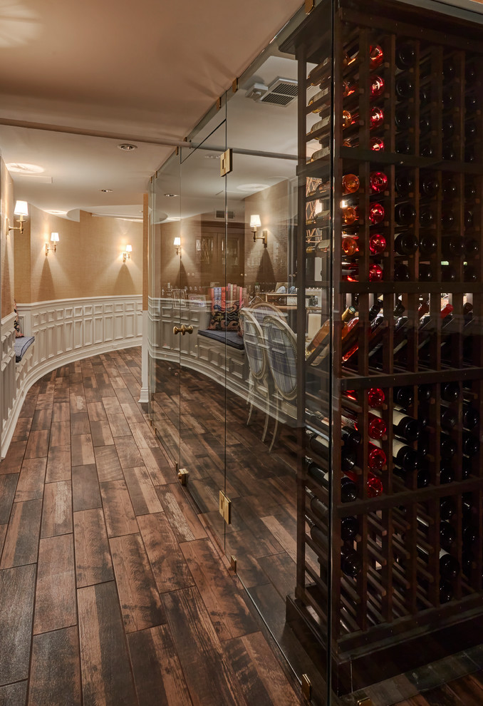 Design ideas for a large transitional wine cellar in Chicago with porcelain floors, storage racks and brown floor.