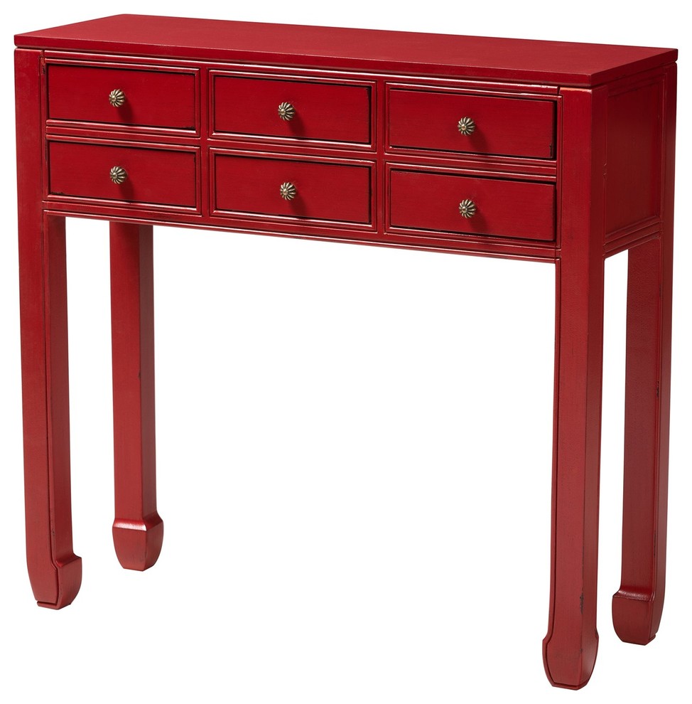 Pomme Classic and Antique Red Finished Wood Bronze Finished Accents 6-Drawer...