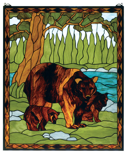 25W X 30H Brown Bear Stained Glass Window