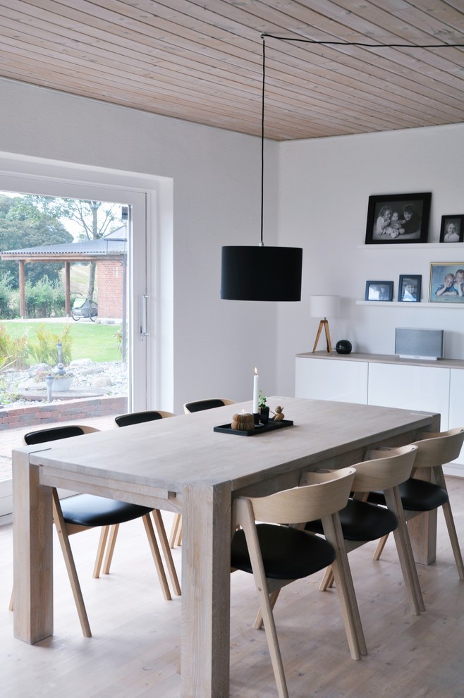 Inspiration for a mid-sized scandinavian separate dining room in Other with white walls, light hardwood floors and no fireplace.