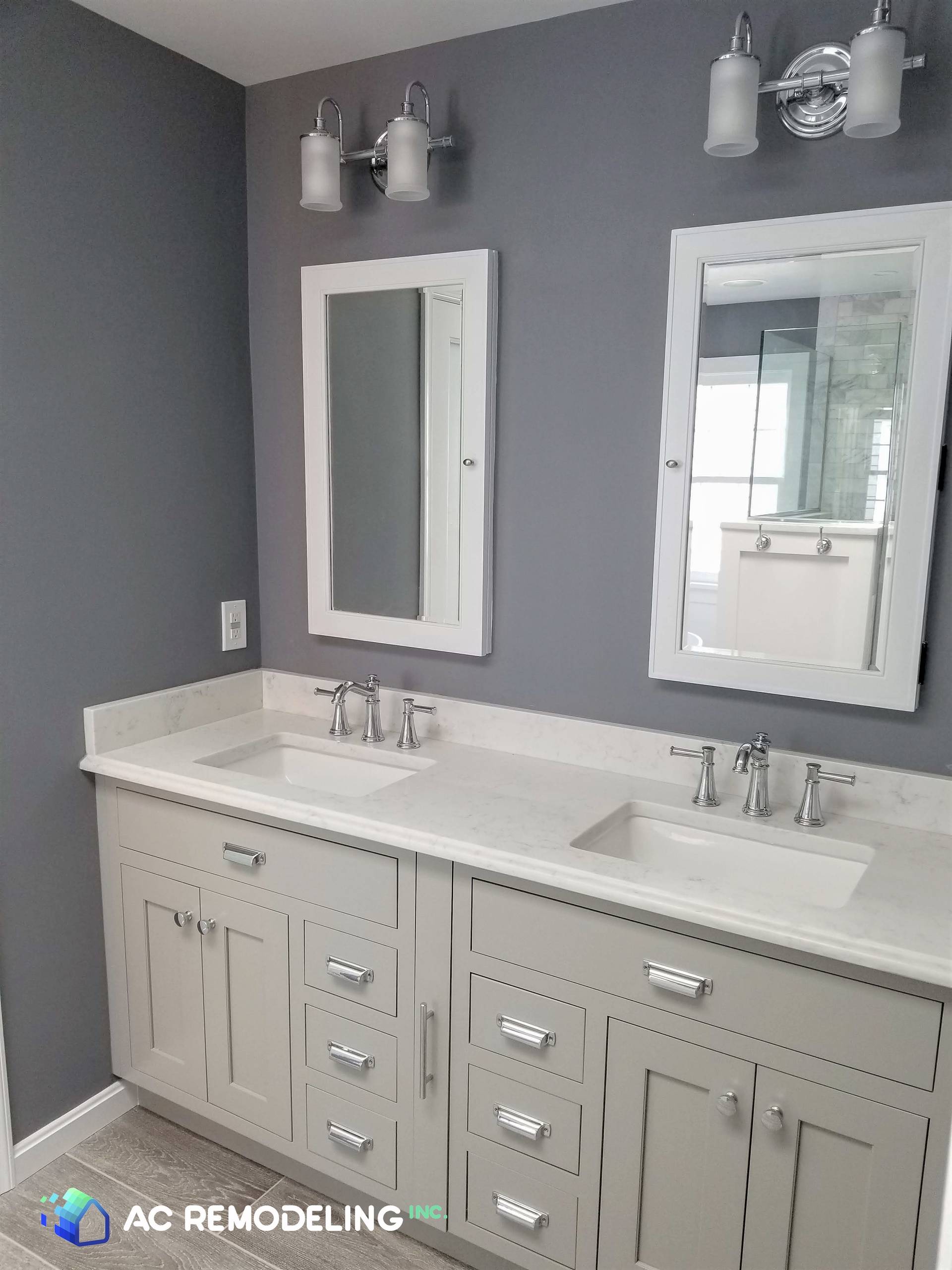 Light grey vanity with special pull out for accessories.