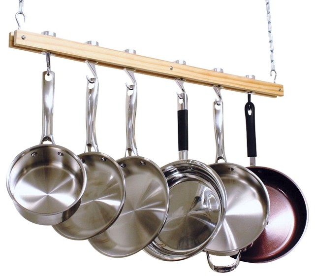 Ceiling Mount Single Bar Wooden Pot Rack With 4 Pan Hooks