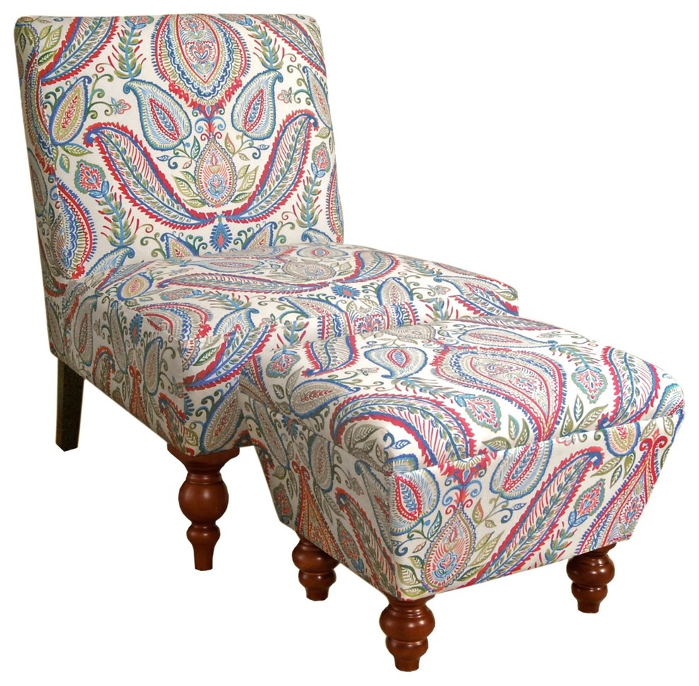 Wood & Fabric Accent Chair & Ottoman With Printed Paisley Pattern, Pack Of 2 Mediterranean
