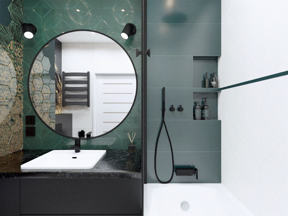 This is an example of a mid-sized scandinavian 3/4 bathroom in Berlin with glass-front cabinets, black cabinets, a drop-in tub, a shower/bathtub combo, a wall-mount toilet, green walls, ceramic floors, a drop-in sink, white floor, a sliding shower screen, a single vanity and a built-in vanity.