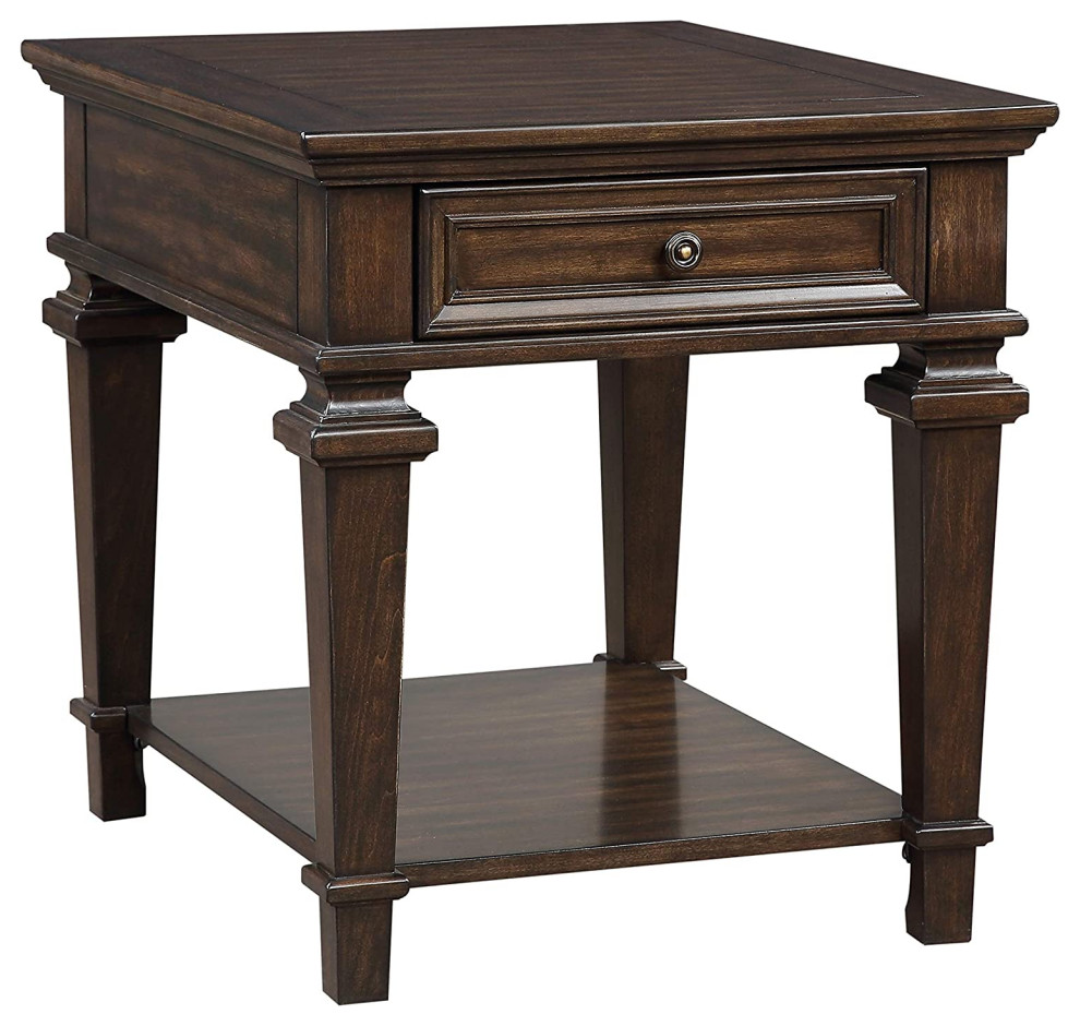 Traditional End Table, Elegant Carved Legs With Open Shelf and Drawer