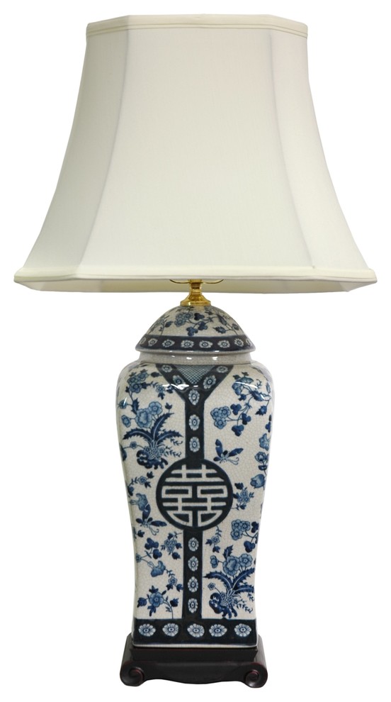 26" Floral Blue and White Vase Lamp