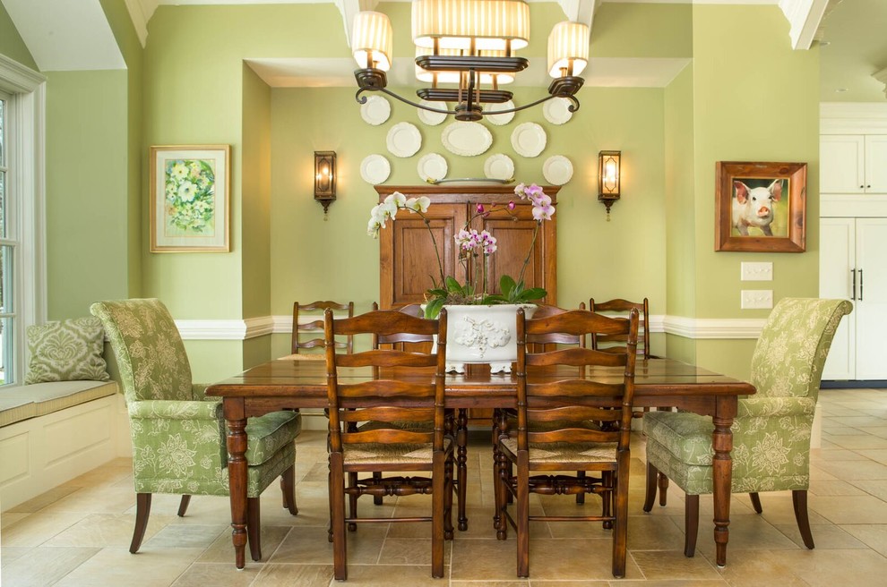 Inspiration for a country open plan dining in Raleigh with green walls.