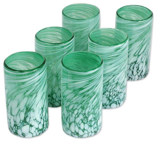 Festive Green, Set of 6 Hand Blown Drinking Glasses, Mexico